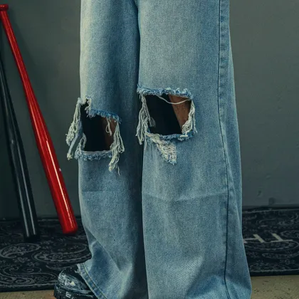 Washed Ripped Jeans Tie Loose Wide Leg Pants