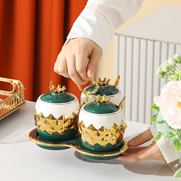 Ceramic Storage Jar Set with Gold Stand for Kitchen and Coffee