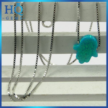 wholesale 925 silver blue synthetic opal hamsa hand necklace