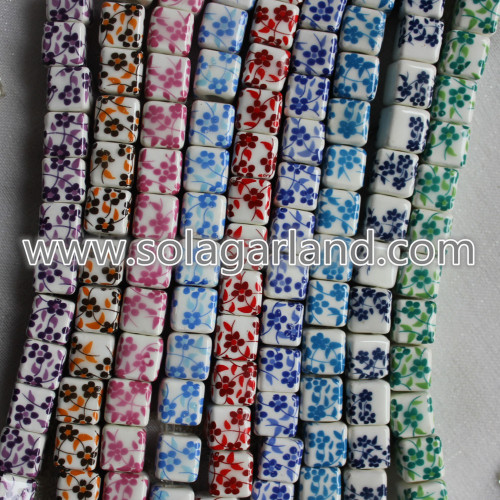 10MM Cube Charms Flower Patterns Ceramic Loose Spacer Beads