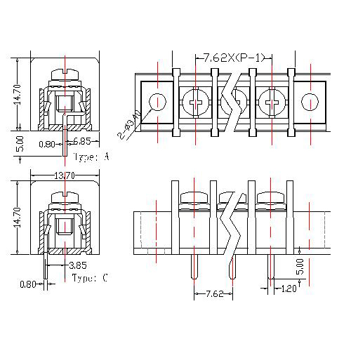 AT825-7.62XXXX-ACW Barrier Terminal Block Pitch7.62mm 