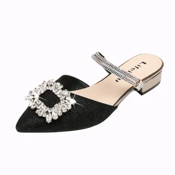 2024 Summer Women's Handmade Rhinestone Buckle Slippers: Large Size 43 Thick Heeled Pointed Mules for Casual Beach Wear
