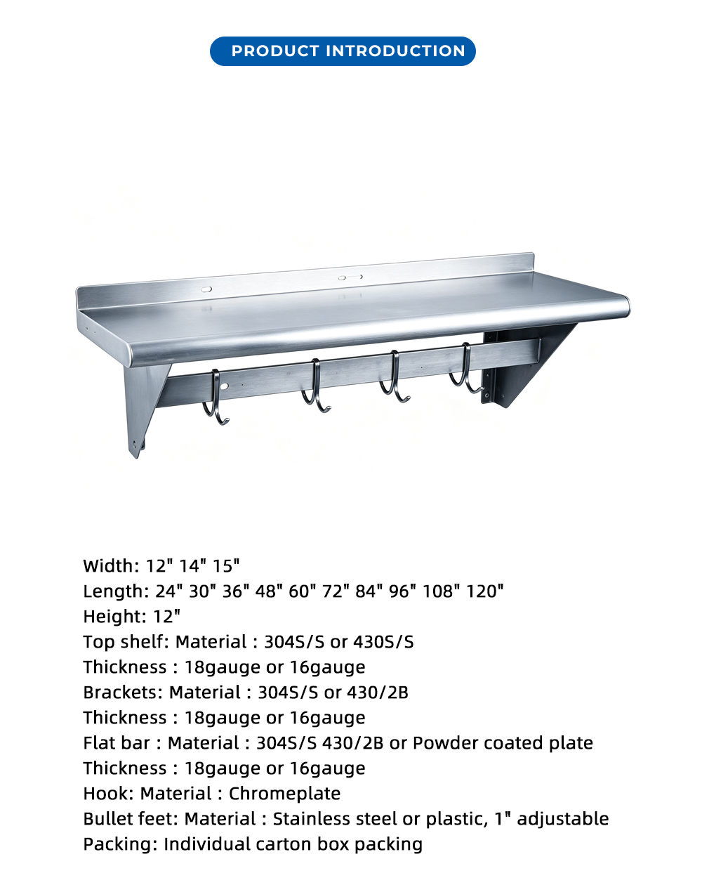 Stainless Steel Wall Mount Pot Rack Shelf X