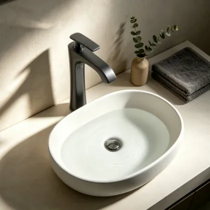 Tall brass taps bathroom