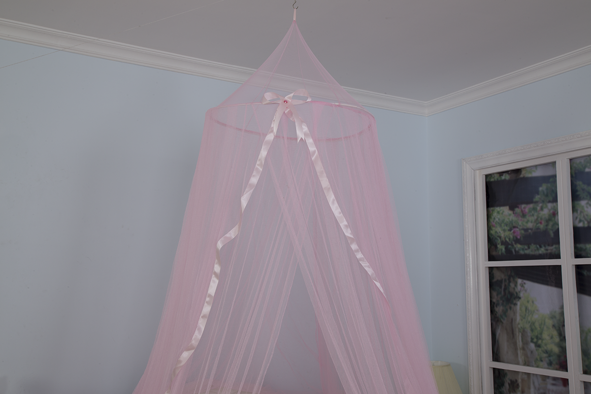 100% Polyester Ribbon Mosquito Nets Pink Circular Canopy