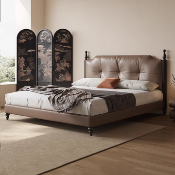 Retro Leather Bed for Master Bedroom - French Mid-Century Antique Solid Wood Flush-Sided Upholstered Bed