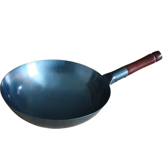 Wholesale Carbon Steel Hand Hammered Preseasoned Round Bottom Chinese Wok Pan with Wooden Handle
