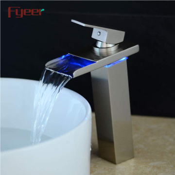 Fyeer Tall Body Brush Nickel LED Waterfall Bathroom Faucet