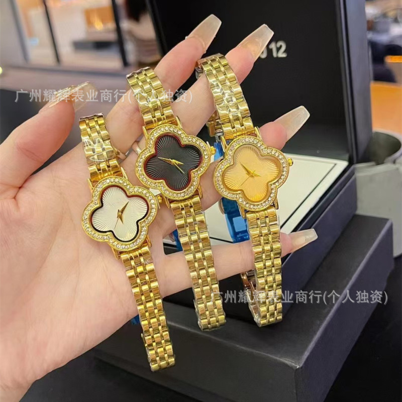 Simple Four Leaf Clover Diamond Ring Watch for Women