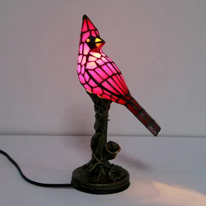 LongHuiJing Small Vintage Tiffany Style Stained Glass Red Cardinal Accent Table Lamp