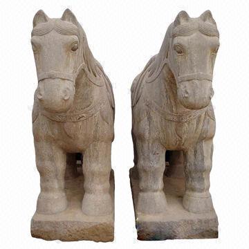 Vivid Small Pair Stone Chinese Horses Garden Sculptures