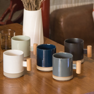 Nordic Wooden Handle Ceramic Mug Logo for Coffee Mug Festival Event Gift