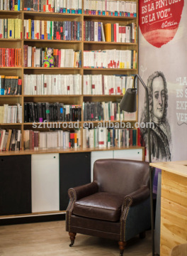 Book store wooden display shelves reading desks and cash counter designs
