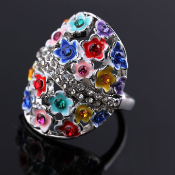 Kluster Rhinestone tropiska Hawaiian Flower Crystal strass Ring med färgglada Sterling Silver Ri