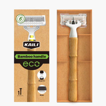 Natural Handle Bamboo Razor with 6 Blades Refill for Bio Shave