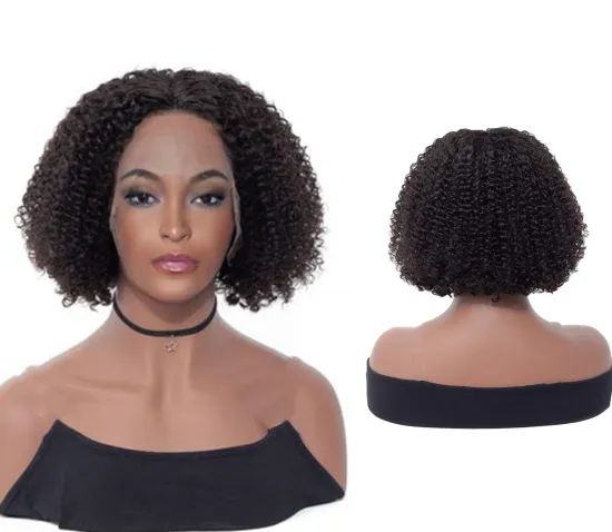 Uniky brazilian short kinky curly bob human hair wig for black women, natural color virgin remy fringe curly bob wig