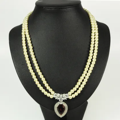 Double Strand Pearl Necklace with Gems Pendant