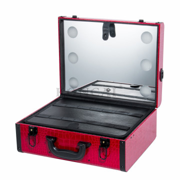 Wholesale Portable Red PU Cosmetic Case with Lights and Mirror