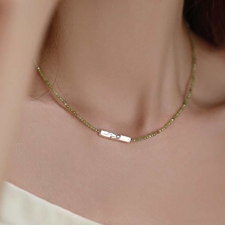 Custom Natural Olivine Green Necklace with freshwater pearl