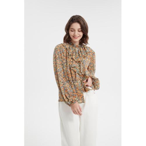 Floral Print Ruffle Stand Collar Shirt Leisure blouse