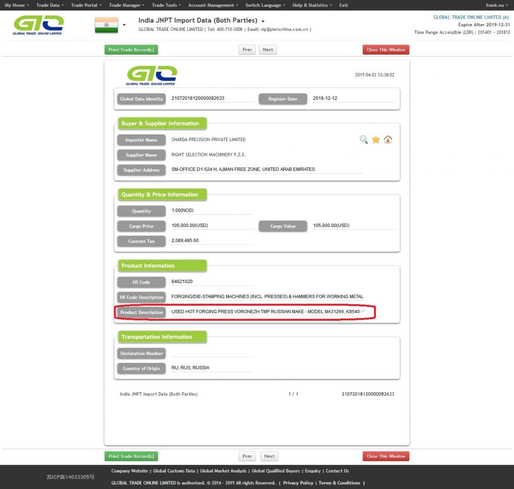 Forging Press Import Customs Data