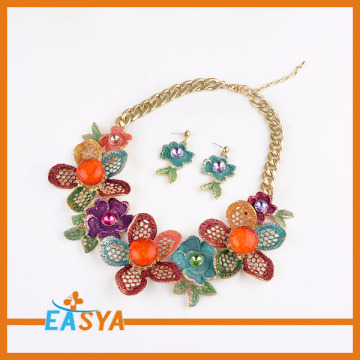 Big Flower Necklace Gold Plated Colorful Jewelry Set