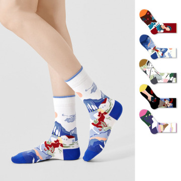 Custom Xiangyi Spring Oil Painting Couple Crew Socks - Unisex Retro Stockings for Men and Women