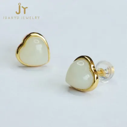925 Sterling Silver Heart-Shaped Jade Earrings with Gold Plating - High Quality Hetian Natural Jewelry