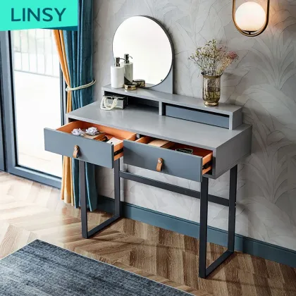 Linsy Modern Adult Nordic Solid Wood Makeup Desk with Blue Mirror