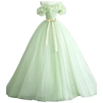 Princess Floral Ball Gown Prom Dress with Bubble Sleeves and Glitter Sequins