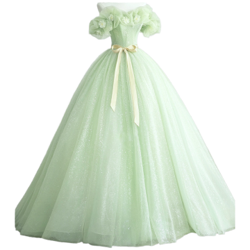 Princess Floral Ball Gown Prom Dress with Bubble Sleeves and Glitter Sequins