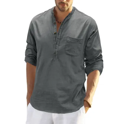 New Stand Up Collar Long Sleeved Cotton and Linen Men's Shirt