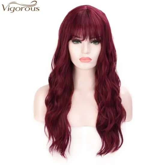 Vigorous Wine Red Long Wigs with Bangs Water Wave Synthetic Wig High Temperature Purple Brown Black Pink Cosplay Wig