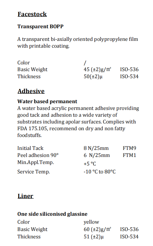 Transparent Bopp Tc Water Based Permanent Yellow Glassine