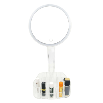 Lo specchio per trucco a LED rotondo luminoso con 3 griglie organizzatore cosmetico "potrebbe essere abbreviato in:" specchio per trucco a LED con 3 griglie estetiche organizzatore