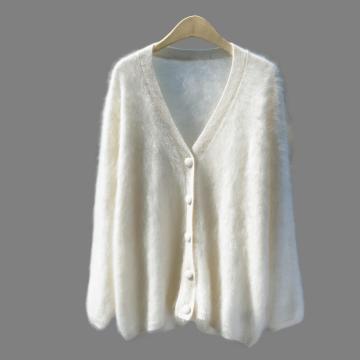 Suéter pulôver feminino de lã escovada/mohair com fio fiado e padrão tingido da marca SKC