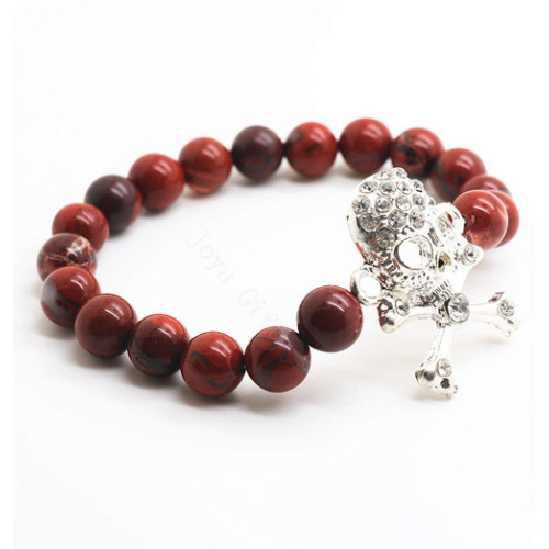 Red Jasper 8MM Round Beads Stretch Gemstone Bracelet with Diamante Skull Piece