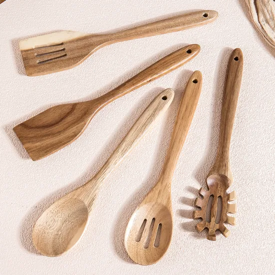 Acacia Wood Spoons Set: 5-Piece Kitchen Utensil Set Including Slotted Spoon and Pasta Server for Cooking