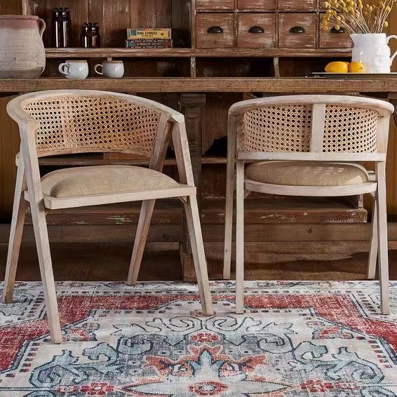Free Sample Wooden Home Furniture Rattan Wicker Back with Soft Cushion Kitchen Wood Dining Restaurant Chair