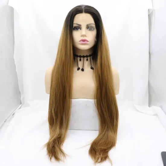 Vigorous Ombre Brown Wholesale Straight Synthetic Heat Resistant Wigs Stock Lace Front Synthetic Wigs
