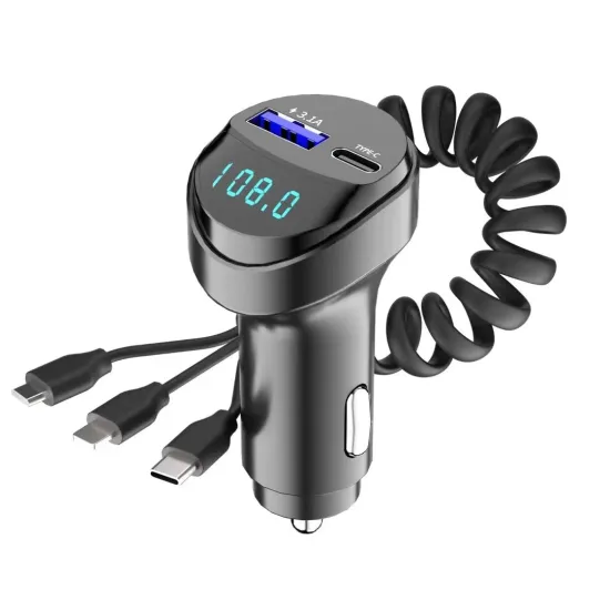3-in-1 Car Charger: 3.1A Type C with Voltage Display