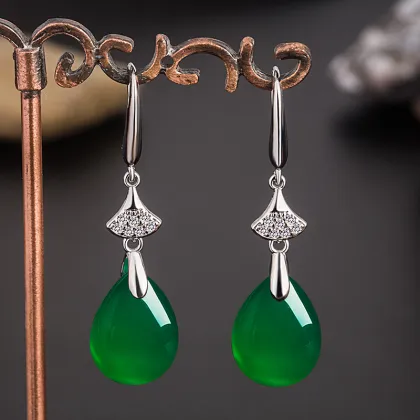 Stunning Green Agate & Chalcedony Water Drop Earrings with Micro Diamond Accents