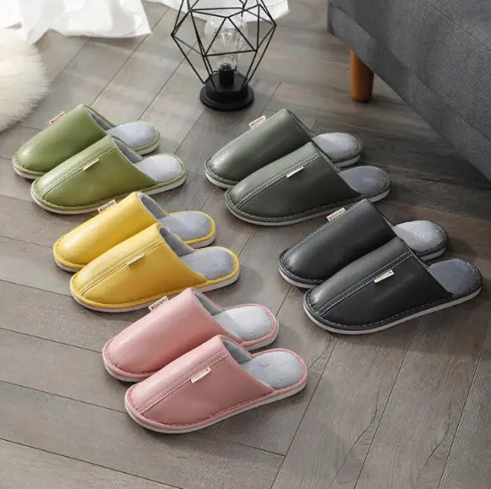 Waterproof Unisex Winter Slippers: Leather, Fabric, PU Plush, and Cotton Materials for Indoor and Outdoor Use