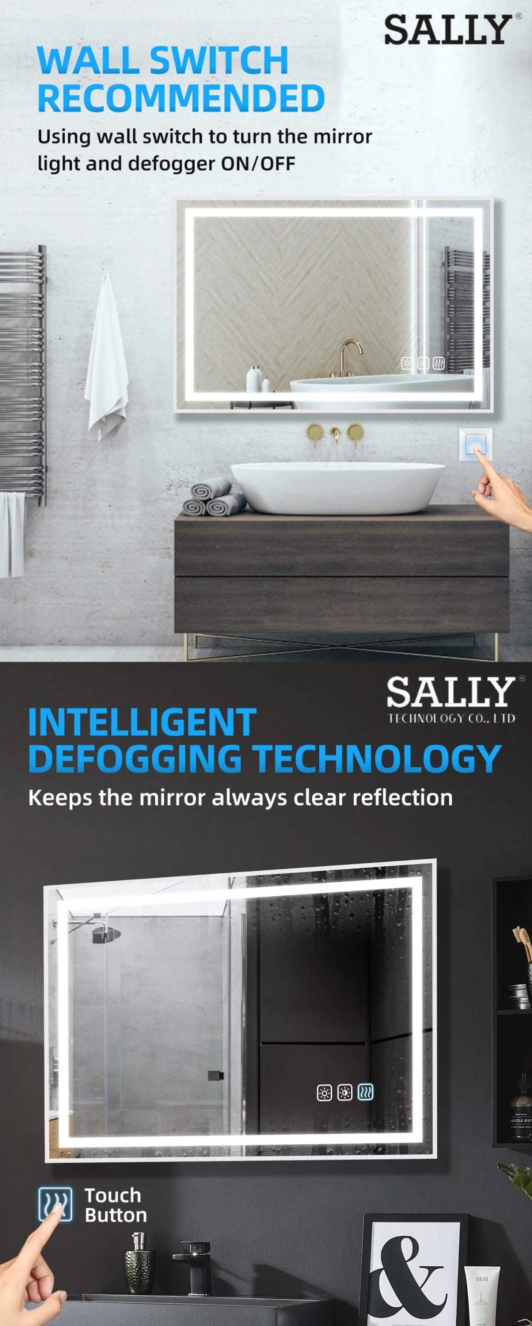 Sally Home Decorated Furniture 36X24 Wall Mounted Bathroom LED Anti-Fog Waterproof Mirror with Light