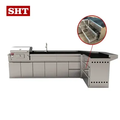 L Shape Outdoor Kitchen BBQ Grill Charcoal Sink Basket Cabinet