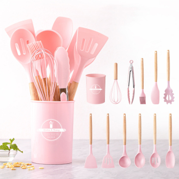 Strumenti di cottura in vendita calda, attrezzi da cucina 12 pezzi in 1 set di utensili da cucina in silicone con manici in legno