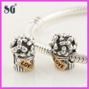 Vintage Style Sterling Silver 14ct Gold Love Bouquet Charm For European Bracelets