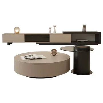 Modern Wood Round Glass Coffee Table with Drawers for Living Room