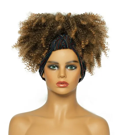 Wholesale Ombre Turban Wrap Wig Afro Wig Short Heat Resistant Kinky Curly Synthetic Wig With Headband Attached For Black Women