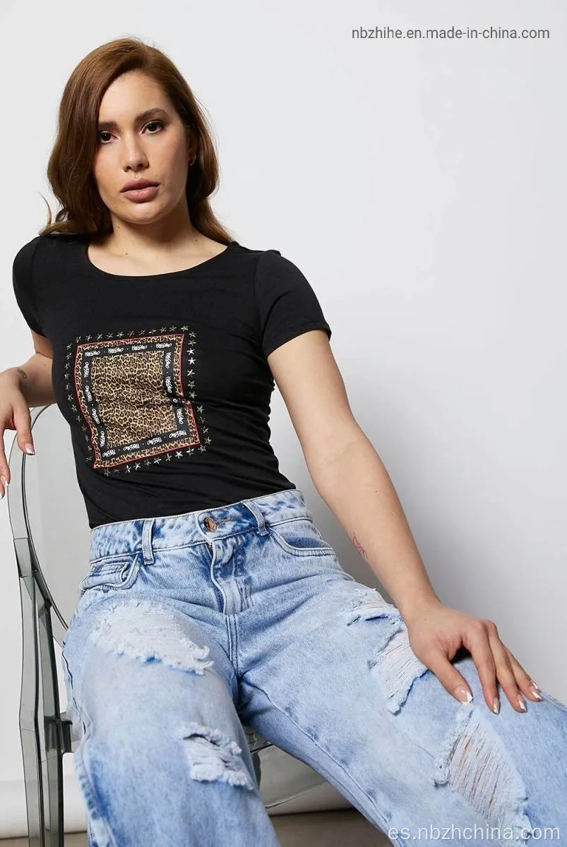 Camiseta de manga corta de estampado de leopardo de mujer para mujeres